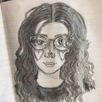A pencil sketch of the author of the website with glasses and pretty hair