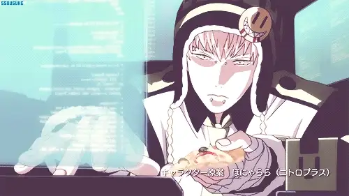 An animimated image of an anime character with piercings holding pizza in one hand and coding with the other.
