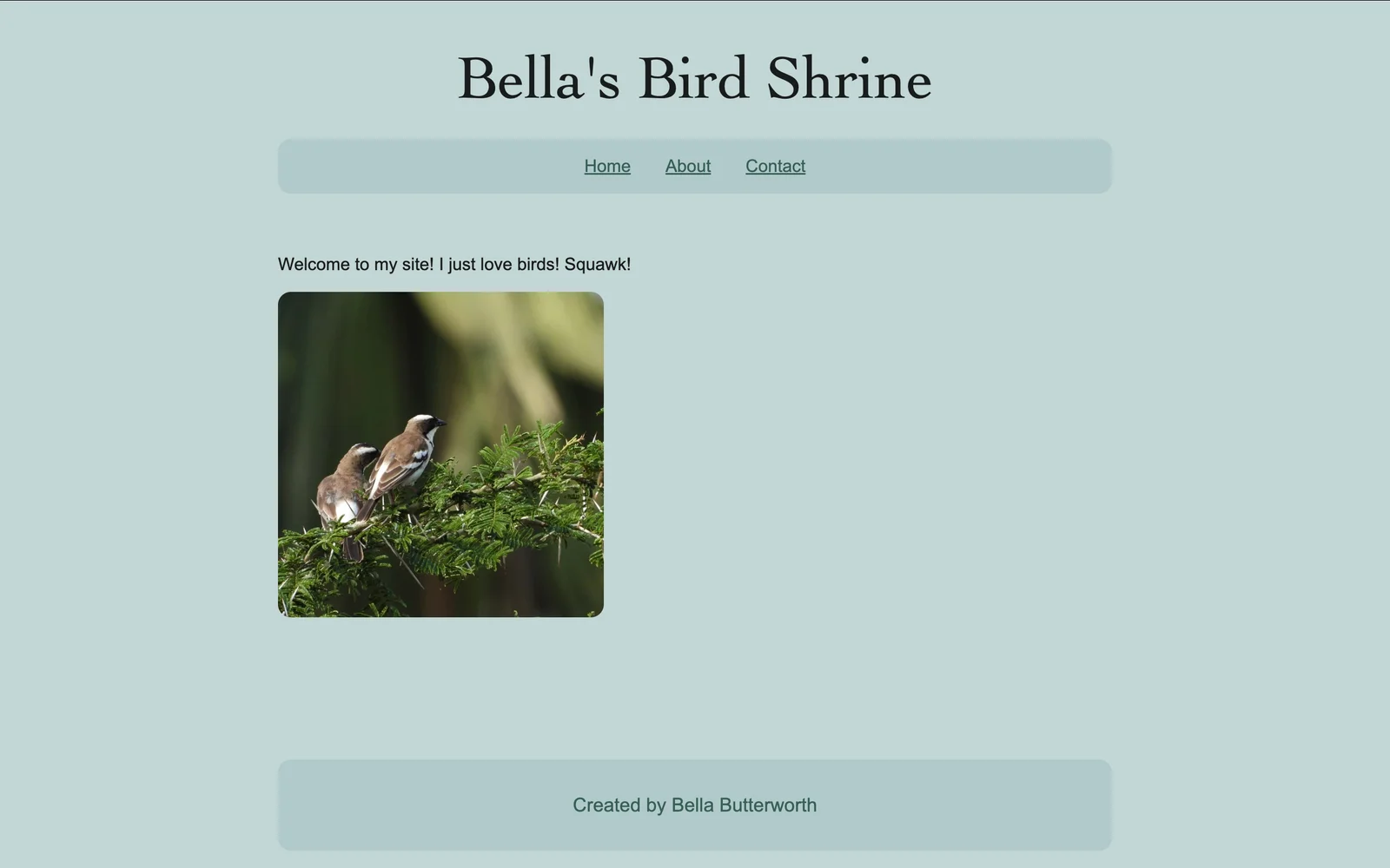 A simple webpage titled Bella's Bird Shrine with an image of a bird in the center.