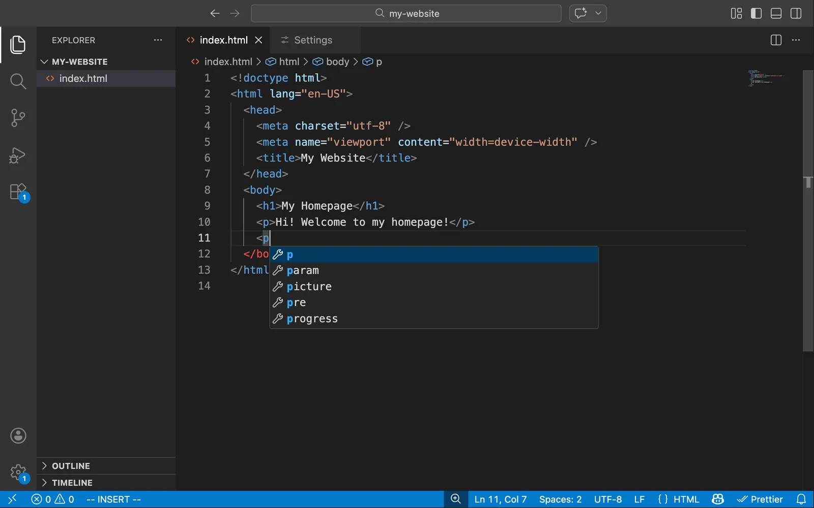 A screenshot of VSCode editing an HTML file.